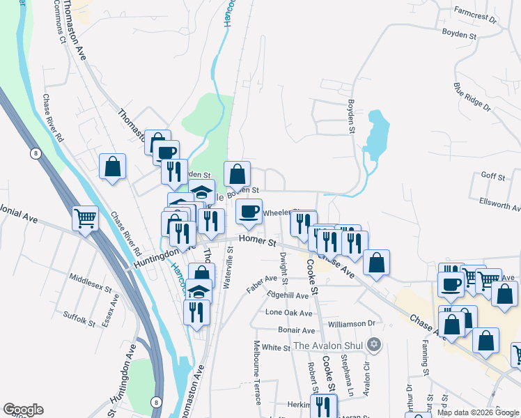 map of restaurants, bars, coffee shops, grocery stores, and more near 21 Wheeler Street in Waterbury
