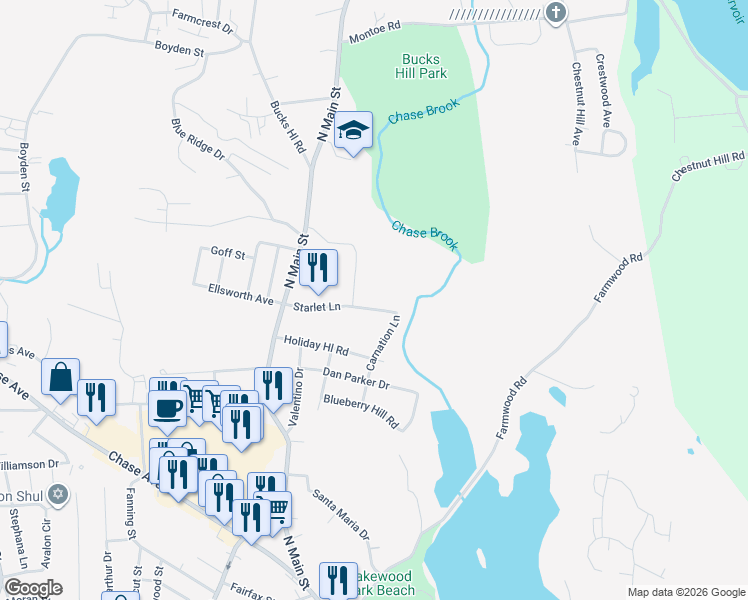 map of restaurants, bars, coffee shops, grocery stores, and more near 111 Starlet Lane in Waterbury