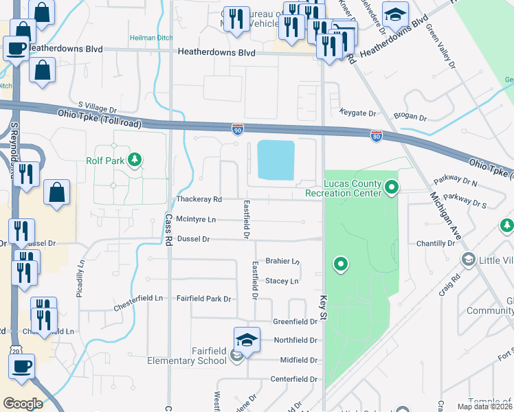 map of restaurants, bars, coffee shops, grocery stores, and more near 4522 Thackeray Road in Maumee