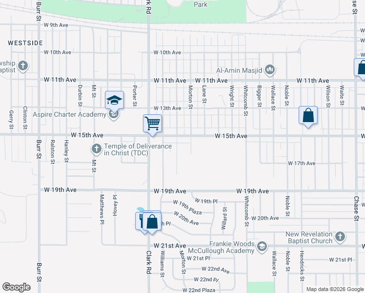 map of restaurants, bars, coffee shops, grocery stores, and more near 1528 Baker St in Gary