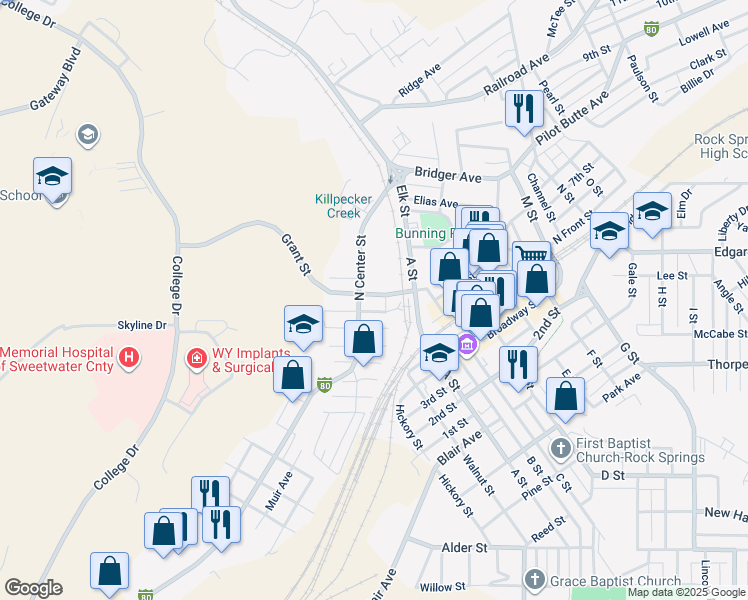 map of restaurants, bars, coffee shops, grocery stores, and more near 125 Grant Street in Rock Springs