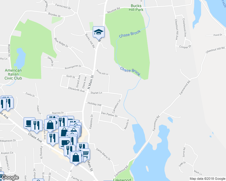 map of restaurants, bars, coffee shops, grocery stores, and more near 97 Starlet Lane in Waterbury