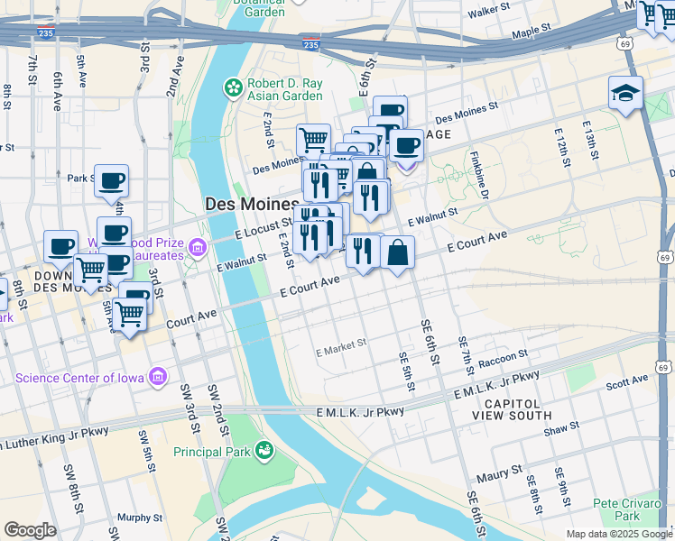map of restaurants, bars, coffee shops, grocery stores, and more near 322 East Court Avenue in Des Moines