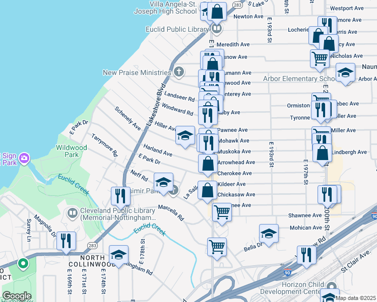 map of restaurants, bars, coffee shops, grocery stores, and more near 18400 Schenely Avenue in Cleveland