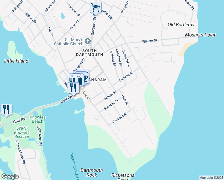 map of restaurants, bars, coffee shops, grocery stores, and more near 4 Middle Street in Dartmouth