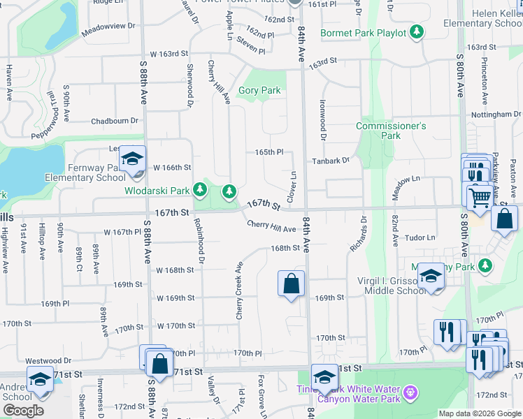 map of restaurants, bars, coffee shops, grocery stores, and more near 8444 167th Street in Tinley Park