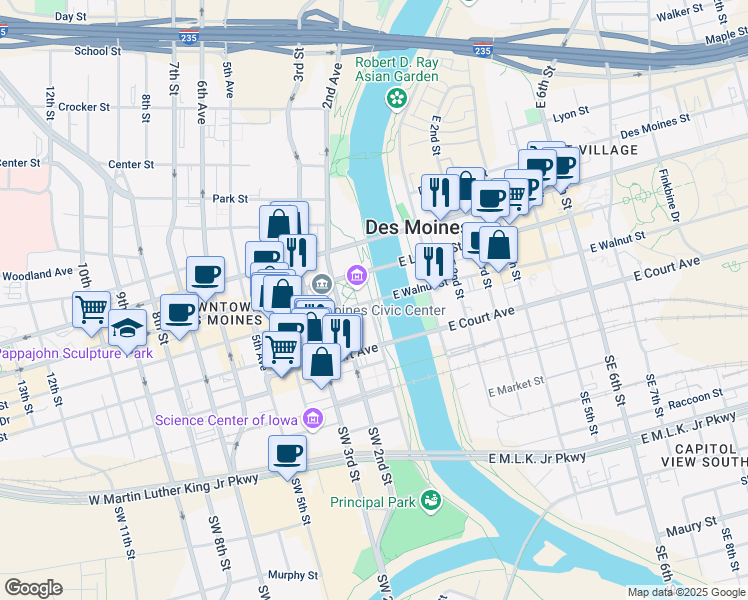 map of restaurants, bars, coffee shops, grocery stores, and more near 10 East Walnut Street in Des Moines