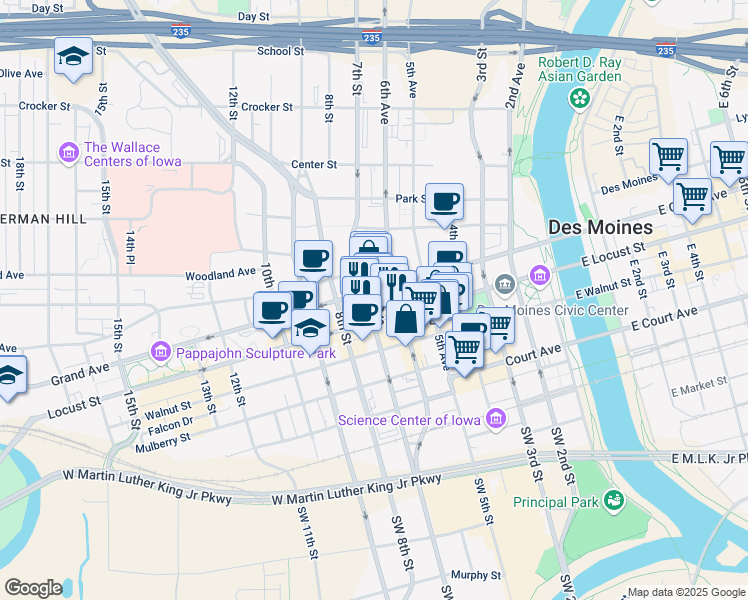 map of restaurants, bars, coffee shops, grocery stores, and more near 418 6th Avenue in Des Moines