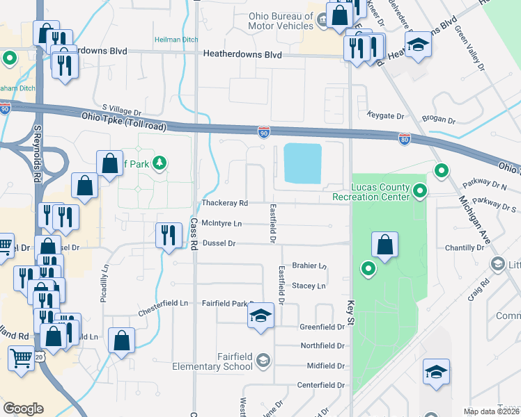 map of restaurants, bars, coffee shops, grocery stores, and more near 566 Thackeray Road in Maumee
