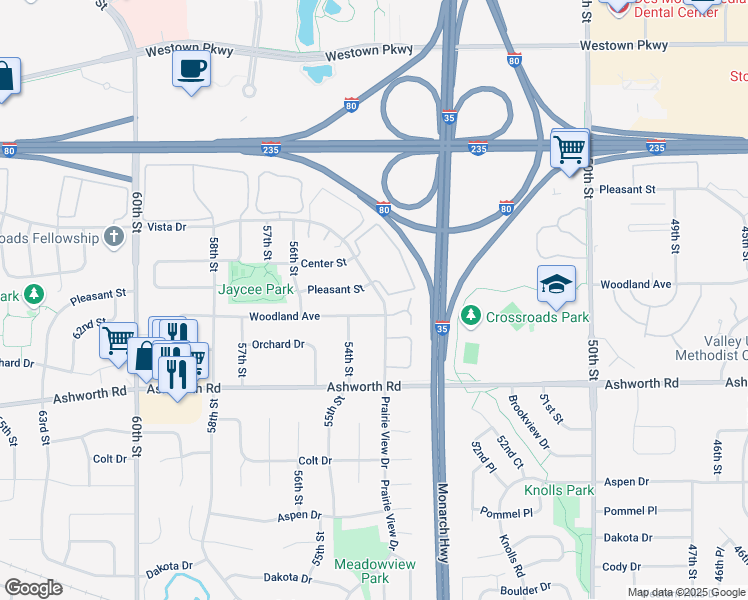 map of restaurants, bars, coffee shops, grocery stores, and more near 1157 Prairie View Drive in West Des Moines