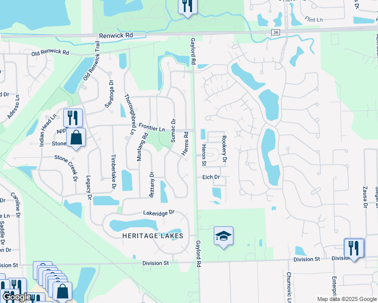 map of restaurants, bars, coffee shops, grocery stores, and more near 3600 Harms Road in Joliet