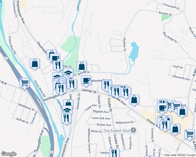 map of restaurants, bars, coffee shops, grocery stores, and more near 61 Wheeler Street in Waterbury