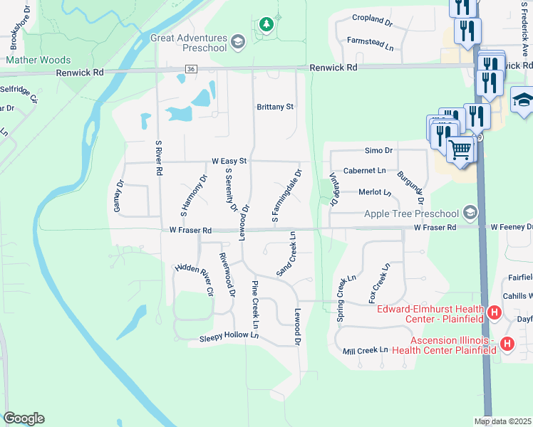 map of restaurants, bars, coffee shops, grocery stores, and more near 16231 South Lewood Drive in Plainfield