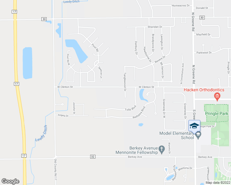 map of restaurants, bars, coffee shops, grocery stores, and more near 127 Watertower Court in Goshen