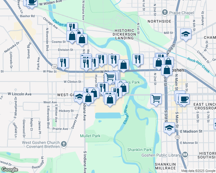 map of restaurants, bars, coffee shops, grocery stores, and more near 209 Chicago Avenue in Goshen
