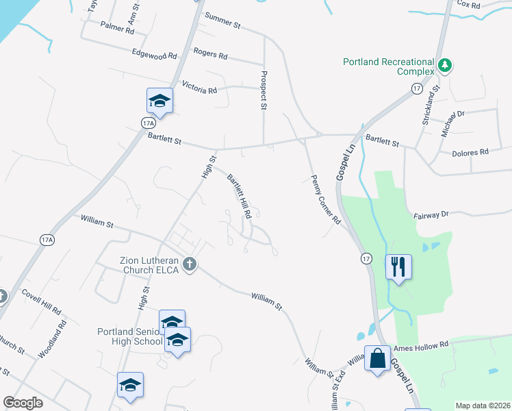 map of restaurants, bars, coffee shops, grocery stores, and more near 3 Pear Orchard Road in Portland