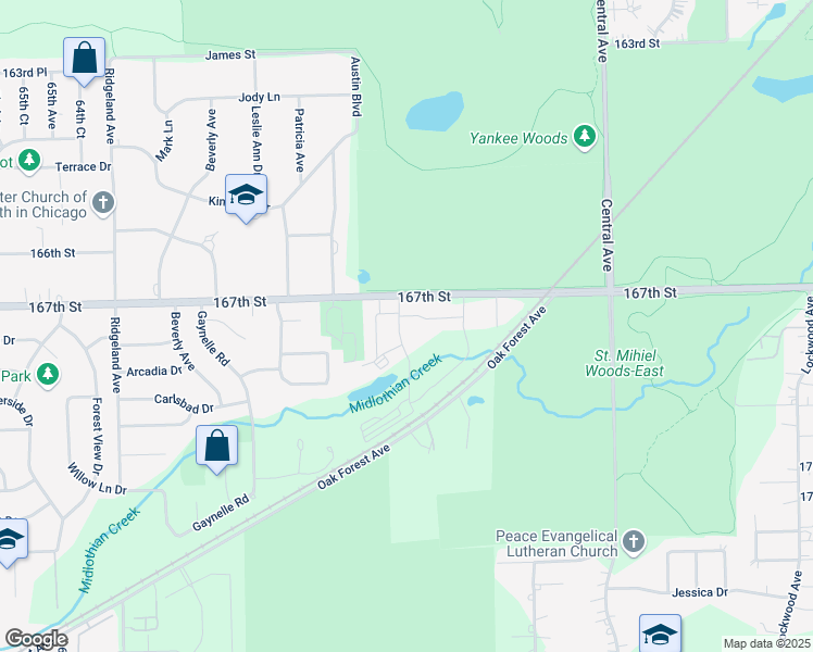 map of restaurants, bars, coffee shops, grocery stores, and more near 16713 Lakewood Drive in Tinley Park