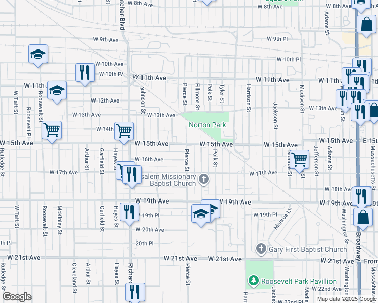 map of restaurants, bars, coffee shops, grocery stores, and more near 1509 Pierce St in Gary