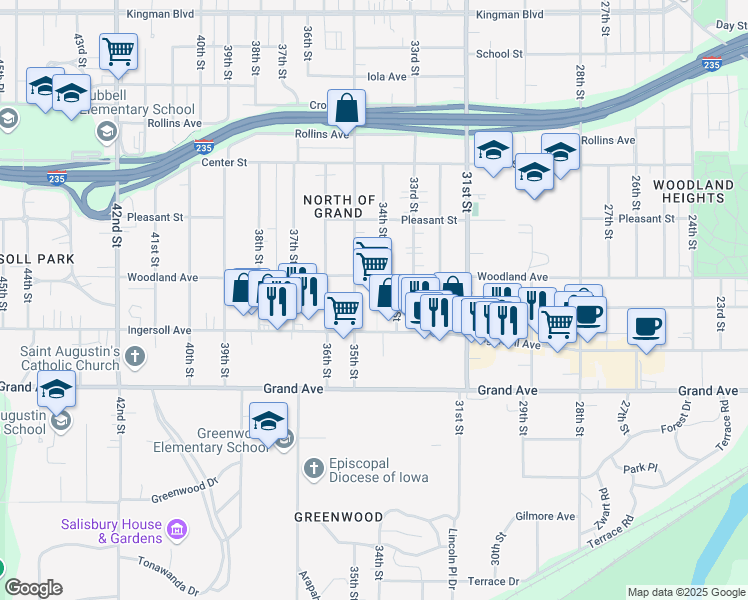 map of restaurants, bars, coffee shops, grocery stores, and more near 3425 Ingersoll Avenue in Des Moines