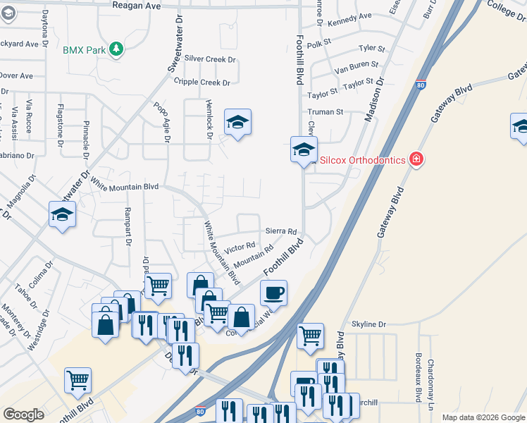map of restaurants, bars, coffee shops, grocery stores, and more near 3317 Sierra Circle in Rock Springs