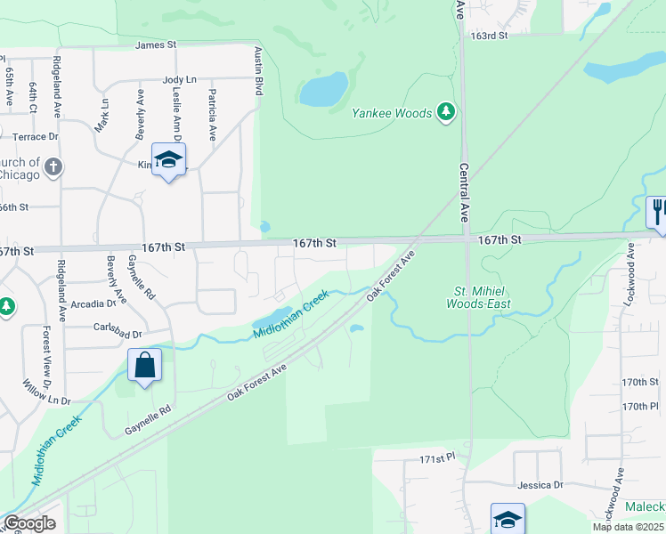 map of restaurants, bars, coffee shops, grocery stores, and more near 16718 Gentry Lane in Tinley Park