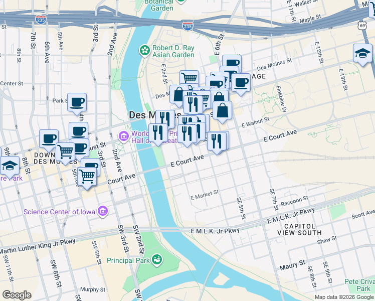 map of restaurants, bars, coffee shops, grocery stores, and more near 222 East 3rd Street in Des Moines