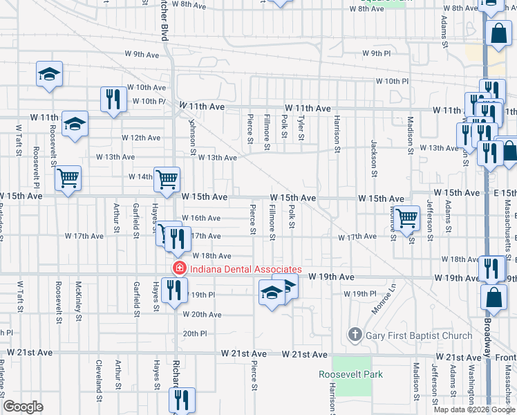 map of restaurants, bars, coffee shops, grocery stores, and more near 1509 Pierce St in Gary