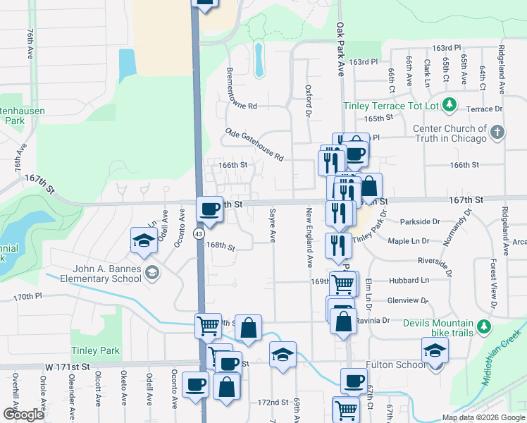 map of restaurants, bars, coffee shops, grocery stores, and more near 7029 167th Street in Tinley Park