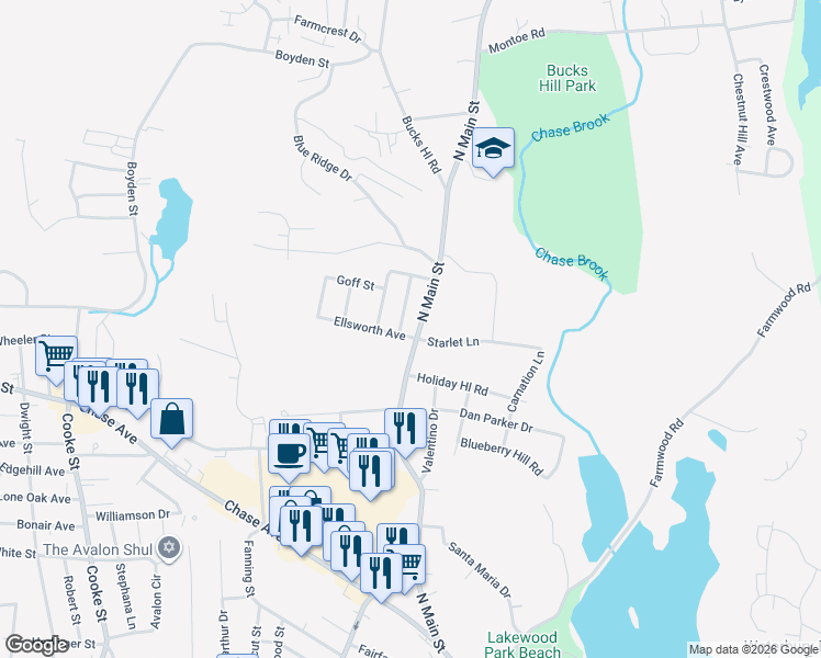 map of restaurants, bars, coffee shops, grocery stores, and more near 2601 North Main Street in Waterbury