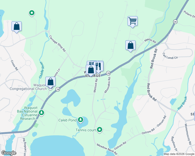 map of restaurants, bars, coffee shops, grocery stores, and more near 12 Metoxit Road in Falmouth