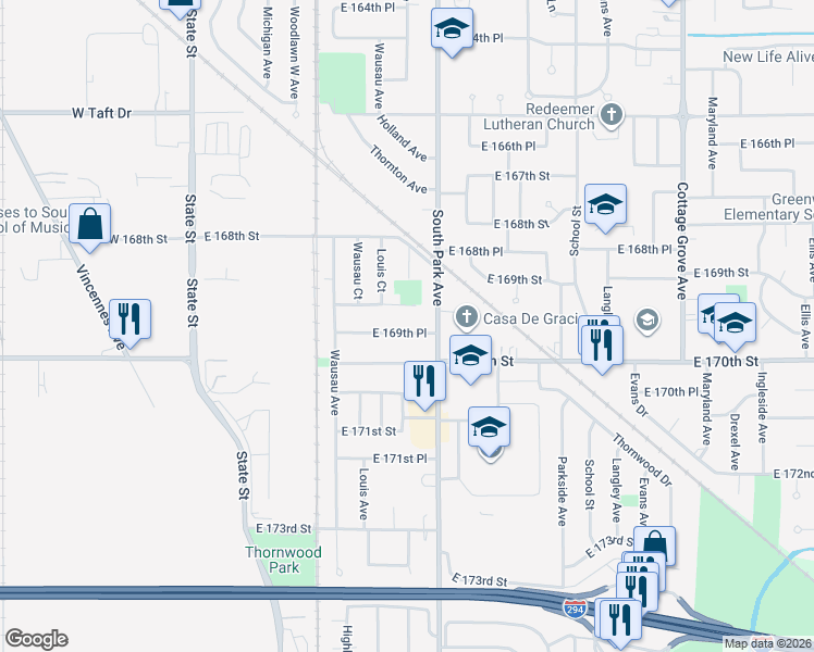 map of restaurants, bars, coffee shops, grocery stores, and more near 332 East 169th Place in South Holland