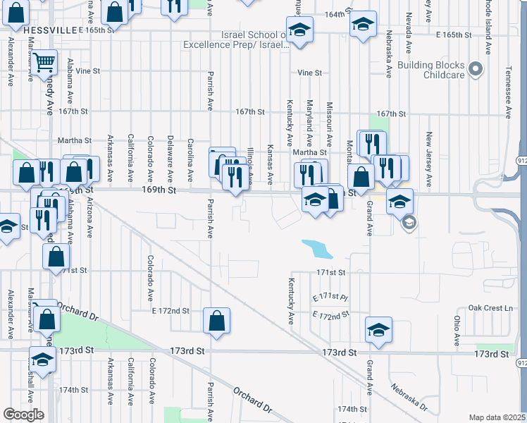 map of restaurants, bars, coffee shops, grocery stores, and more near 3400 Stevens Court in Hammond