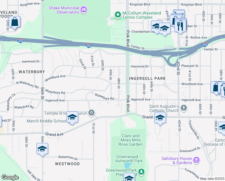 map of restaurants, bars, coffee shops, grocery stores, and more near 629 49th Street in Des Moines