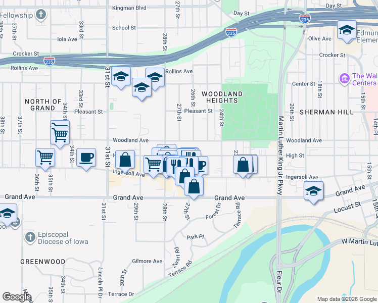 map of restaurants, bars, coffee shops, grocery stores, and more near 2611 High Street in Des Moines