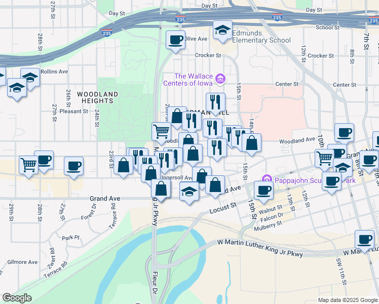 map of restaurants, bars, coffee shops, grocery stores, and more near 1815 High Street in Des Moines
