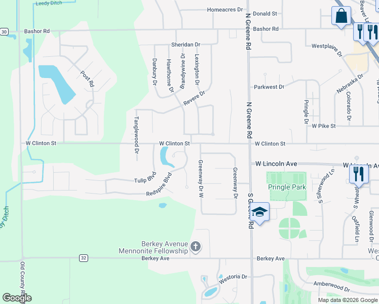map of restaurants, bars, coffee shops, grocery stores, and more near 80 Greenway Drive West in Goshen