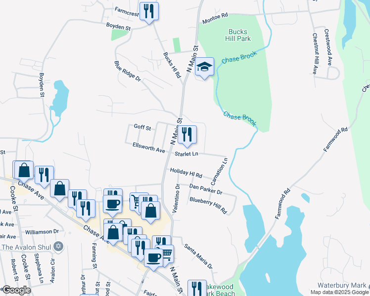 map of restaurants, bars, coffee shops, grocery stores, and more near 35 Starlet Lane in Waterbury