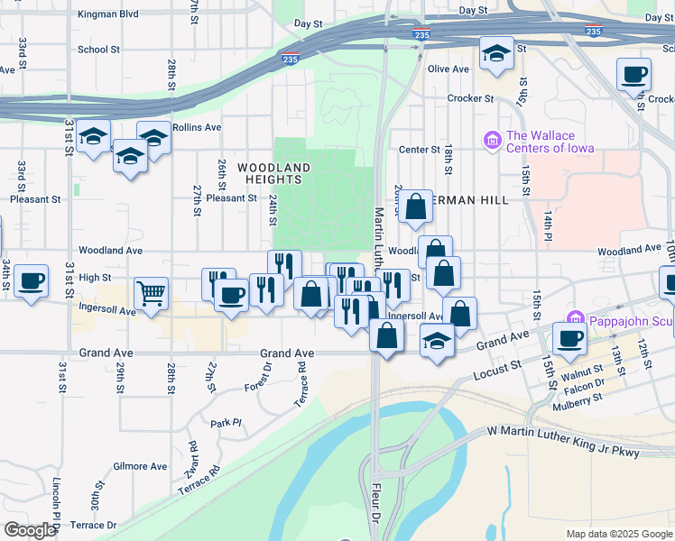 map of restaurants, bars, coffee shops, grocery stores, and more near 2139 High Street in Des Moines