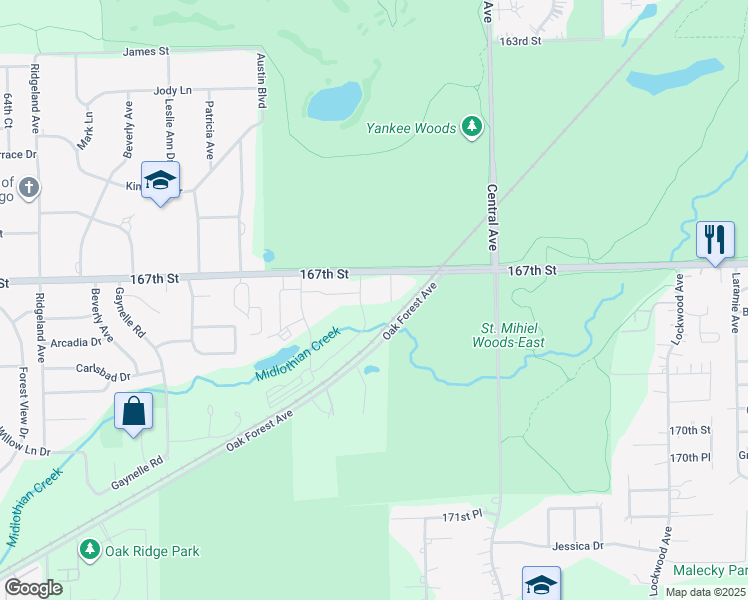 map of restaurants, bars, coffee shops, grocery stores, and more near 5671 167th Street in Tinley Park