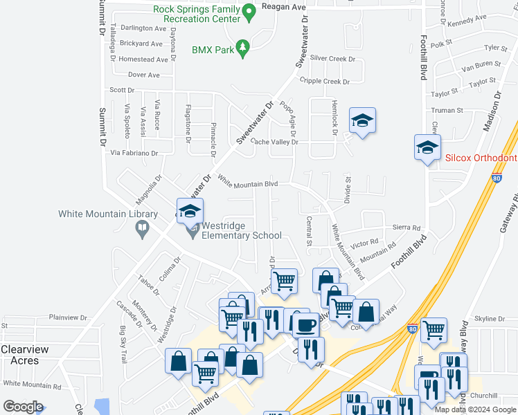 map of restaurants, bars, coffee shops, grocery stores, and more near 821 Rampart Drive in Rock Springs