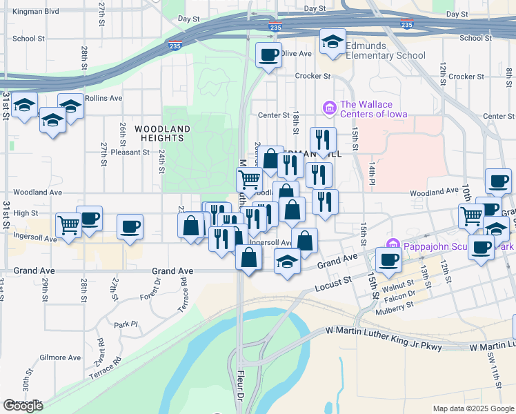 map of restaurants, bars, coffee shops, grocery stores, and more near 1925 High Street in Des Moines