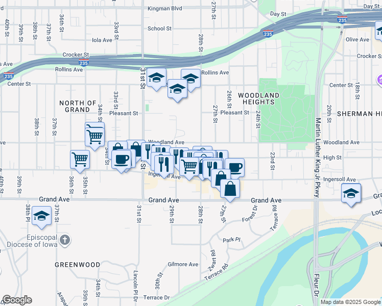 map of restaurants, bars, coffee shops, grocery stores, and more near 2813 High Street in Des Moines