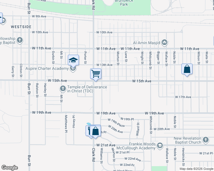 map of restaurants, bars, coffee shops, grocery stores, and more near 1528 Baker Street in Gary
