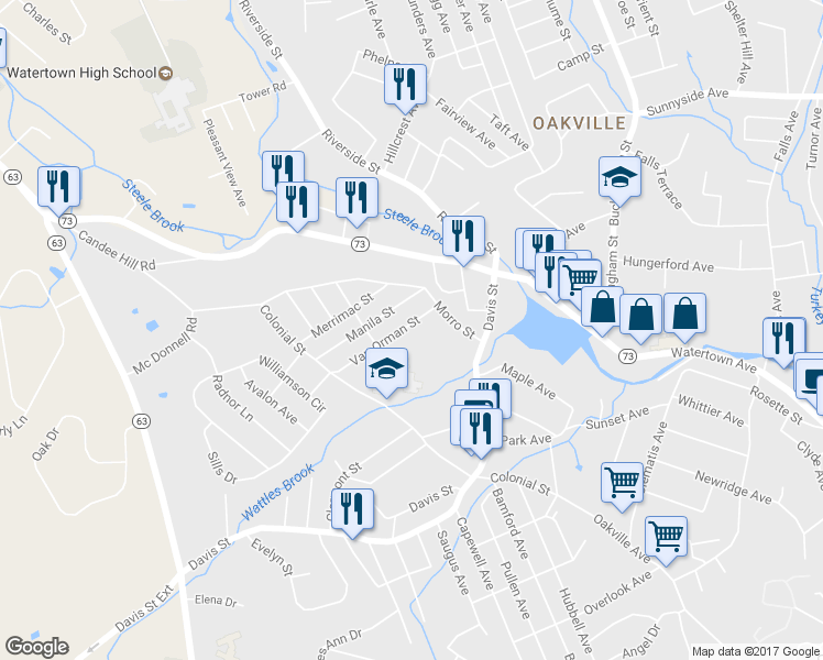 map of restaurants, bars, coffee shops, grocery stores, and more near 39 Van Orman Street in Watertown