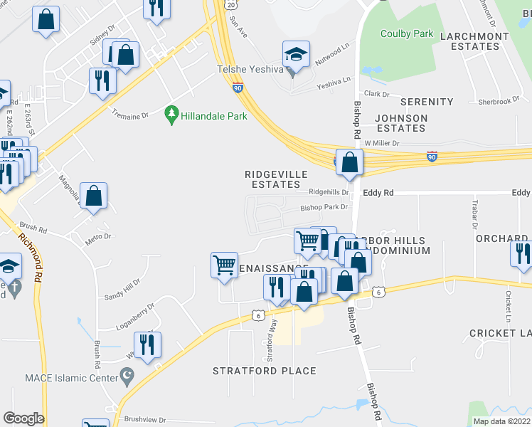 map of restaurants, bars, coffee shops, grocery stores, and more near 27500 Bishop Park Drive in Willoughby Hills