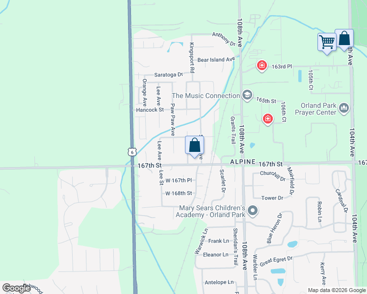 map of restaurants, bars, coffee shops, grocery stores, and more near 16628 Grant Avenue in Orland Park