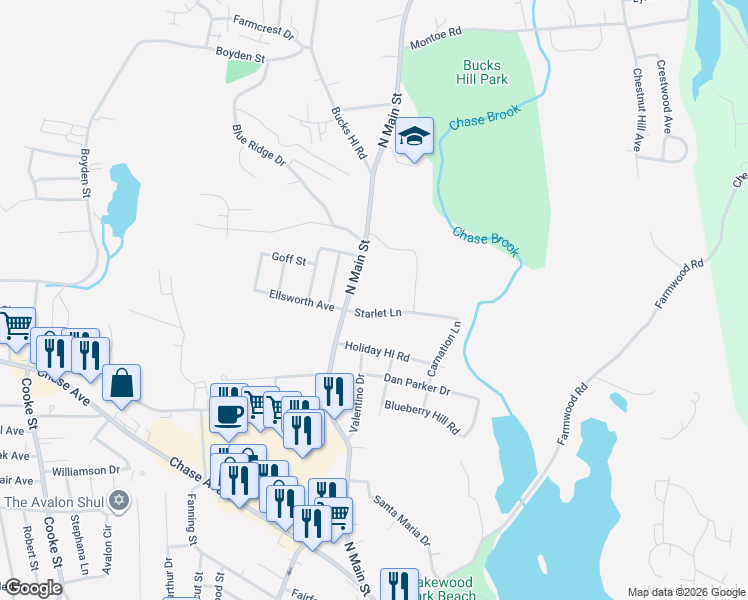 map of restaurants, bars, coffee shops, grocery stores, and more near 35 Starlet Lane in Waterbury