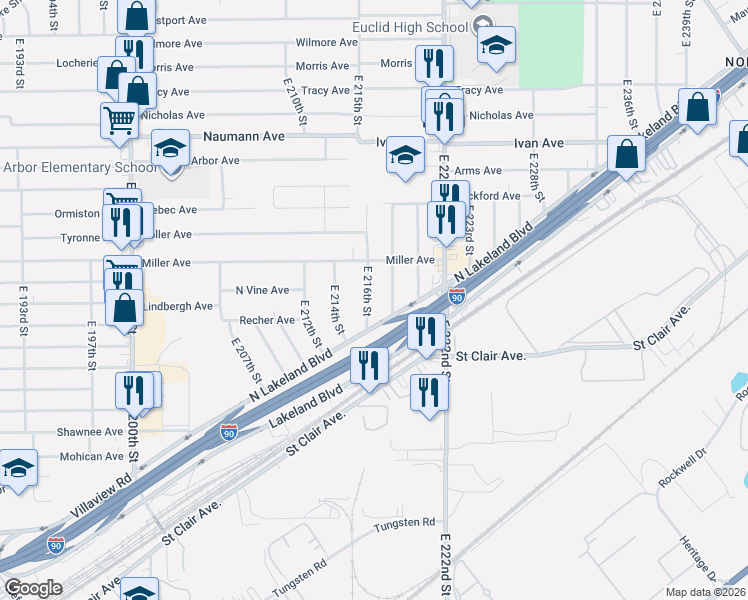 map of restaurants, bars, coffee shops, grocery stores, and more near 926 East 218th Street in Euclid