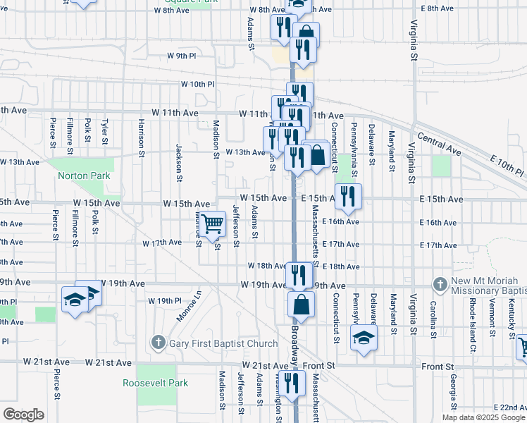 map of restaurants, bars, coffee shops, grocery stores, and more near 1500 Washington Street in Gary