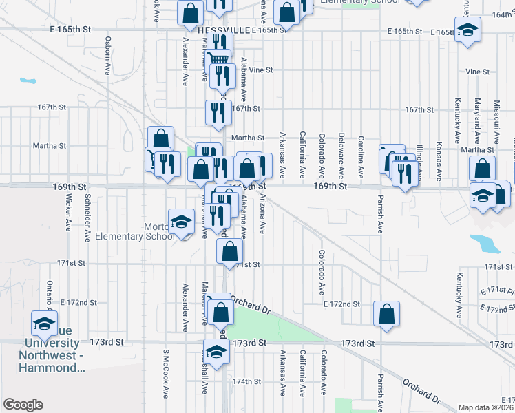 map of restaurants, bars, coffee shops, grocery stores, and more near 6927 Arizona Avenue in Hammond